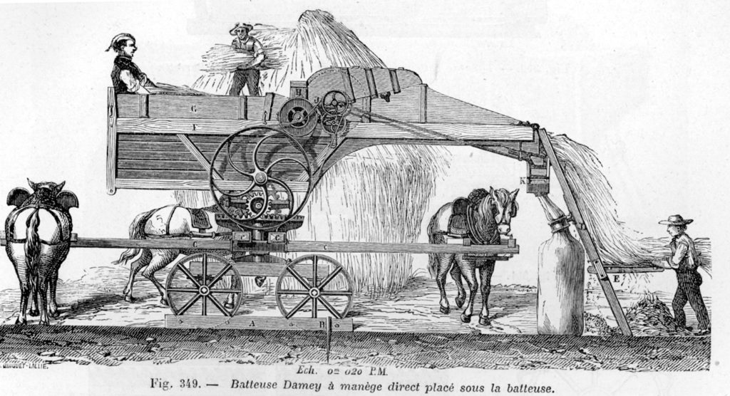 Sketch of three men using a horse-powered wheat thresher.