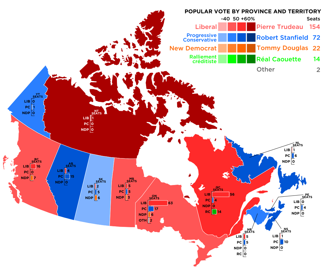Map depicting the results of the Canadian 1968 federal election. Long description available.