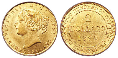 2-dollar gold coin from 1870 with Queen Victoria on the obverse.