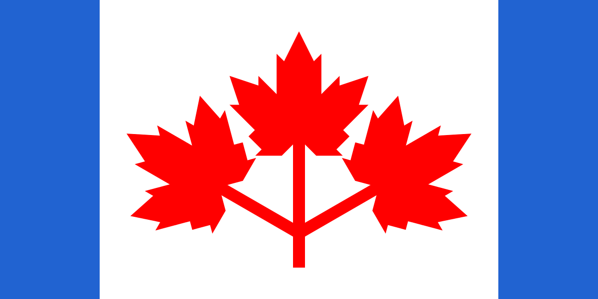 Flag with three red maple leaves joined together. A blue stripe goes down the left and right sides.
