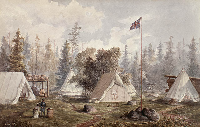 Watercolour of tents in a wooded area. Union Flag flies above.