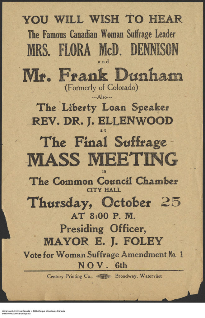 Advertisement for meeting about suffrage. Long description available.