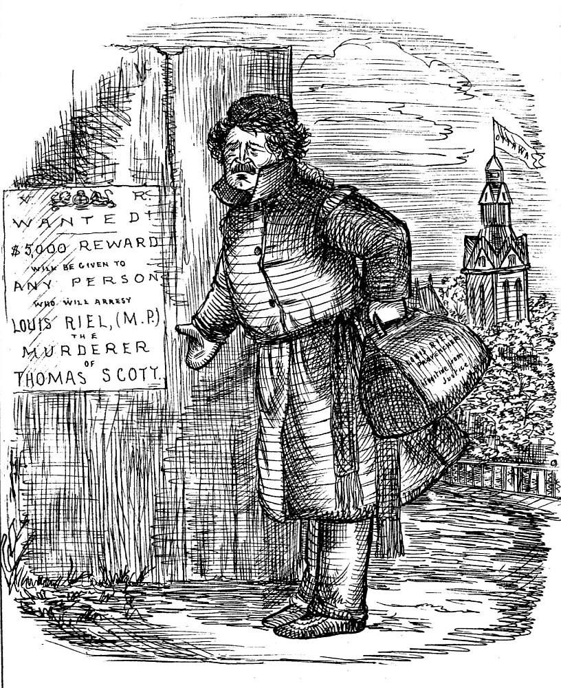 Political cartoon of Louis Riel. Long description available.