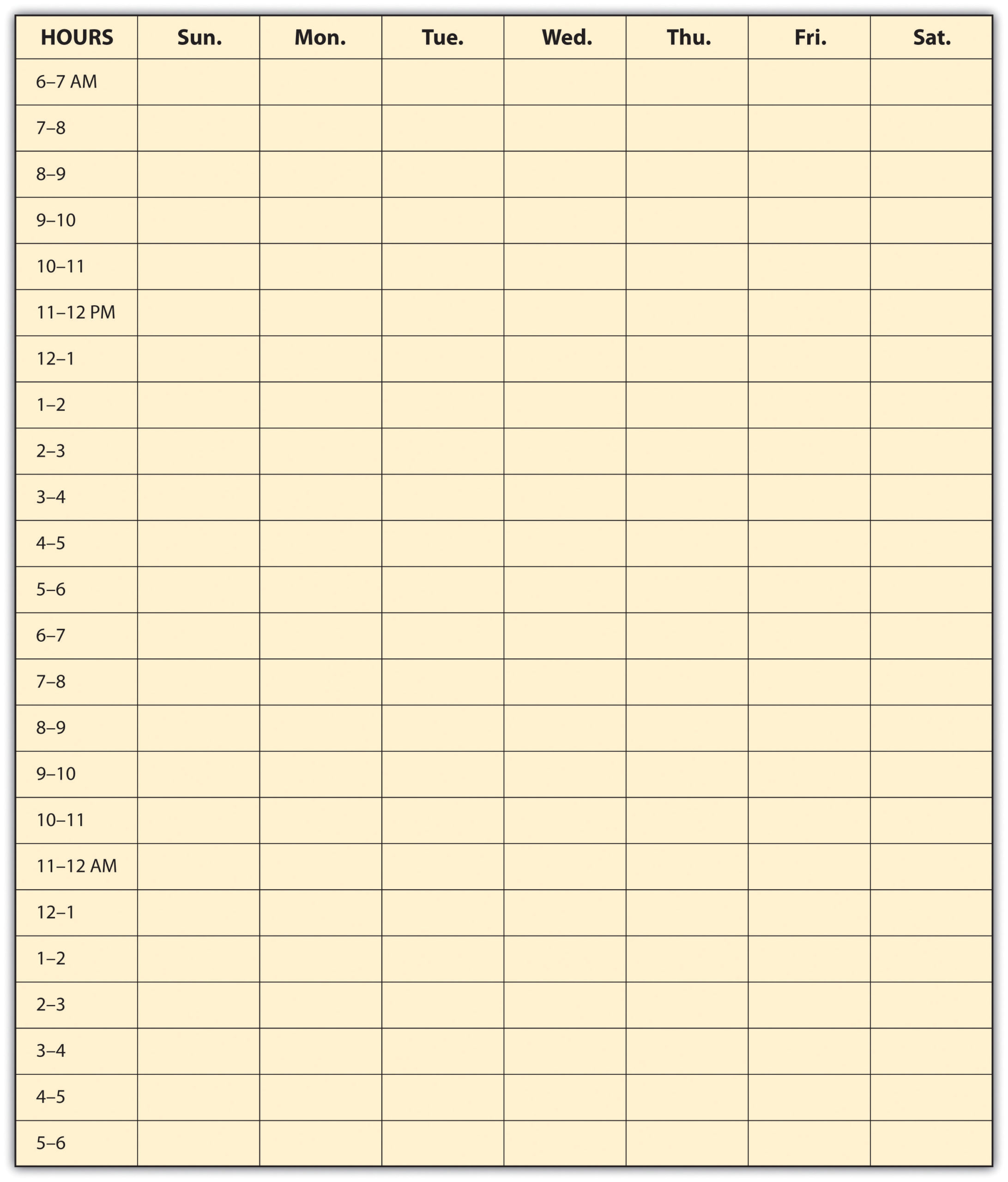 A table with the days of the week across the top row and the hours of the day down the left column