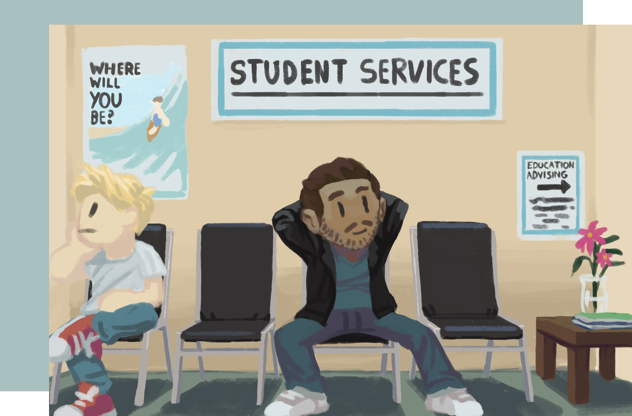 A man in a waiting room at Student Services