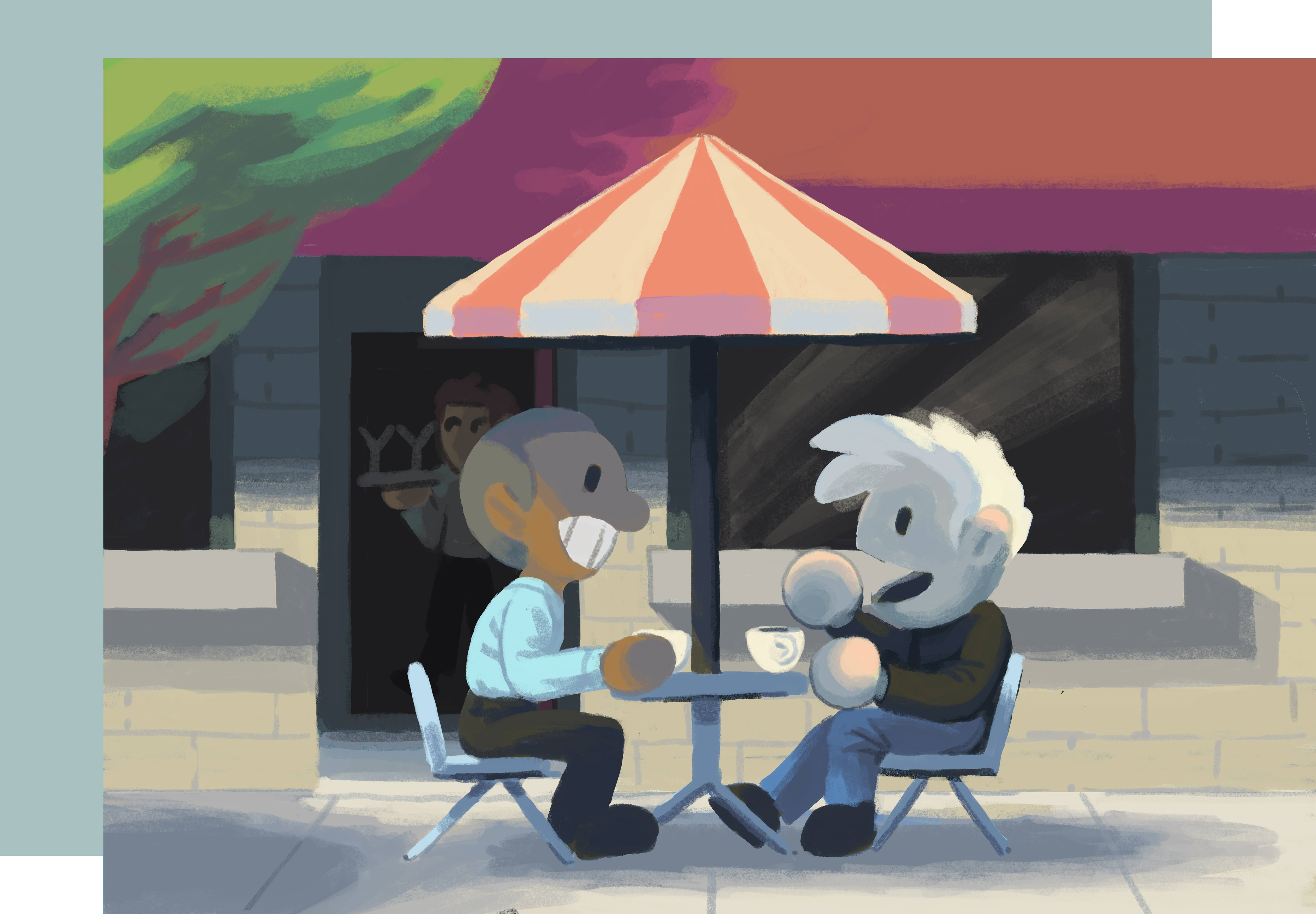 Two men talking over coffee at a cafe.