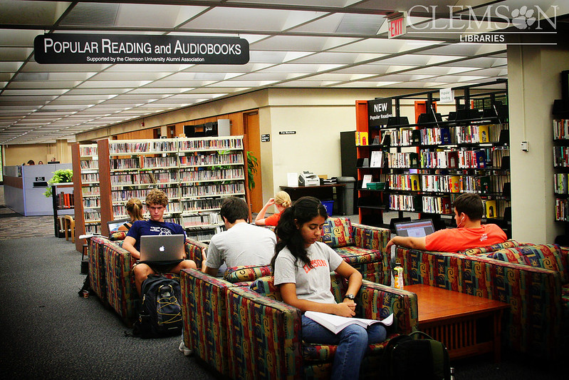 Students sit on couches in the library reading textbooks or on their laptops