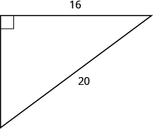 A right triangle is shown. The right angle is marked with a box. The side across from the right angle is labeled as 20. One of the sides touching the right angle is labeled as 16.