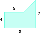 A blue geometric shape is shown. It looks like a rectangle with a triangle attached to the top on the right side. The left side is labeled 4, the top 5, the bottom 8, the right side 7.