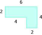 A geometric shape is shown. It is a horizontal rectangle attached to a vertical rectangle. The top is labeled 6, the height of the horizontal rectangle is labeled 2, the distance from the edge of the horizontal rectangle to the start of the vertical rectangle is 4, the base of the vertical rectangle is 2, the right side of the shape is 4.