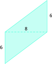 A geometric shape is shown. It appears to be composed of two triangles. The shared base of both triangles is 8, the heights are both labeled 6.