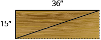 A rectangular shelf is shown, with a diagonal drawn in from the lower left corner to the upper right corner. The side is labeled 15 inches, the top is labeled 36 inches.