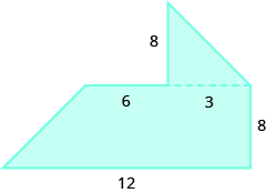 A geometric shape is shown. It is a trapezoid with a triangle attached to the top on the right side. The height of the trapezoid is labeled 8, the bottom base is labeled 12, and the top is labeled 9. The height of the triangle is labeled 8.