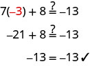 This figure shows why we can say the equation 7x plus 8 equals negative 13 is true when the variable x is replaced with the value negative 3. The first line shows the equation with negative 3 substituted in for x: 7 times negative 3 plus 8 might equal negative 13. Below this is the equation negative 21 plus 8 might equal negative 13. Below this is the equation negative 13 equals negative 13, with a check mark next to it.