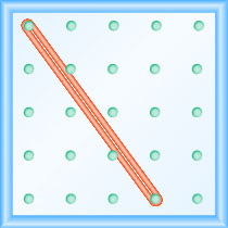The figure shows a grid of evenly spaced pegs. There are 5 columns and 5 rows of pegs. A rubber band is stretched between the peg in column 1, row 1 and the peg in column 4, row 5, forming a line.