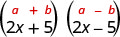 The product of 2x plus 5 and 2x minus 5. Above this is the general form a minus b, in parentheses, times a plus b, in parentheses.