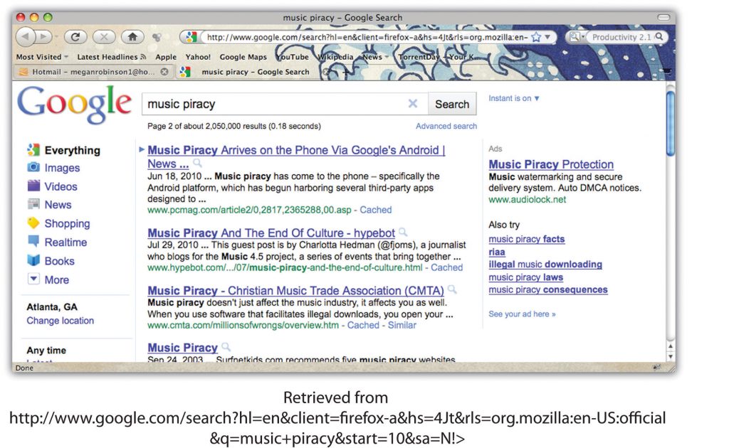 A screenshot of a google search for music piracy.