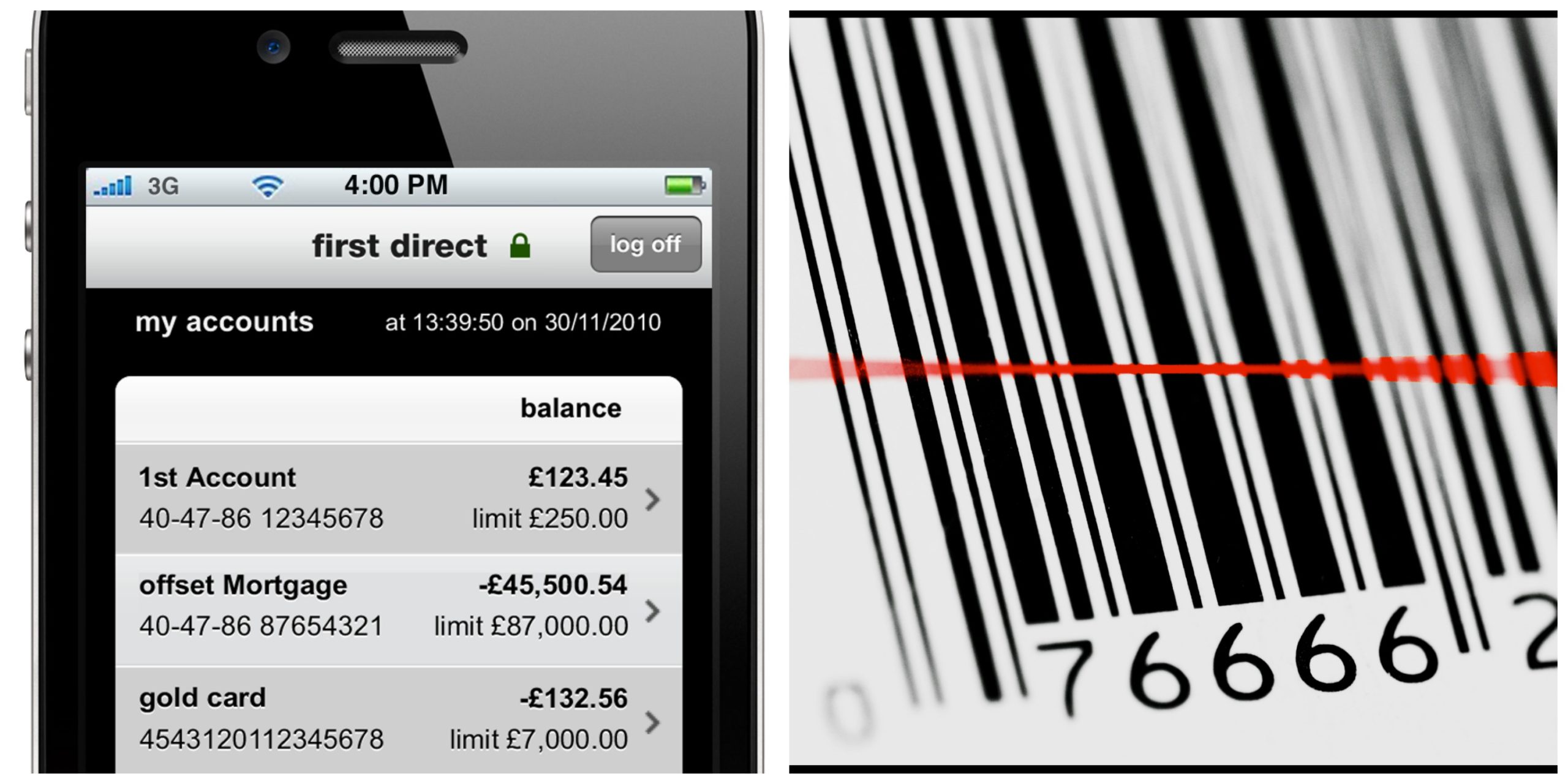 iPhone banking app, and a laser id bar code