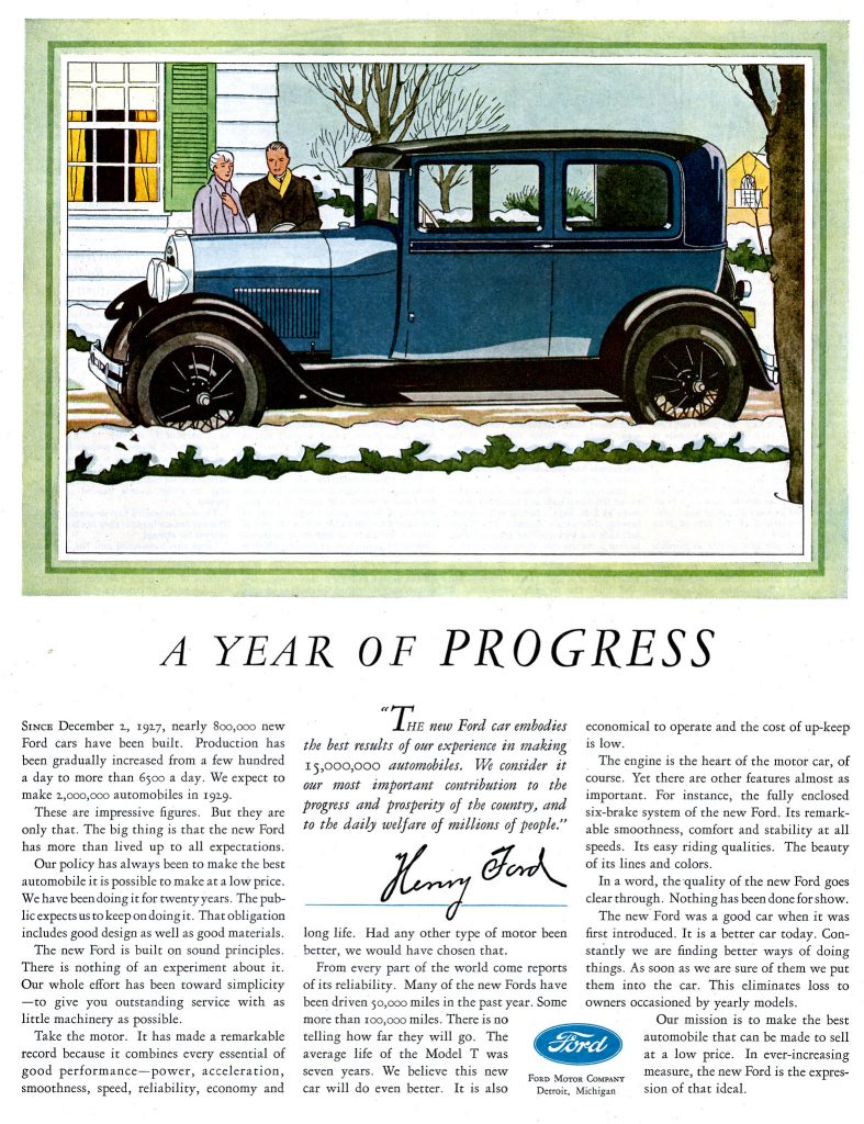 A color magazine illustration advertisement for a Ford Model T from 1929. The image shows a blue model T car in a snowy driveway in front of a house with a man and a woman standing behind the car.