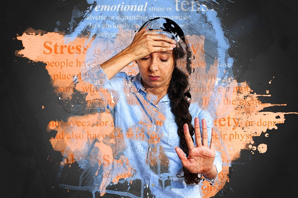Mixed media image of woman looking worried, stressed, or overwhelmed.