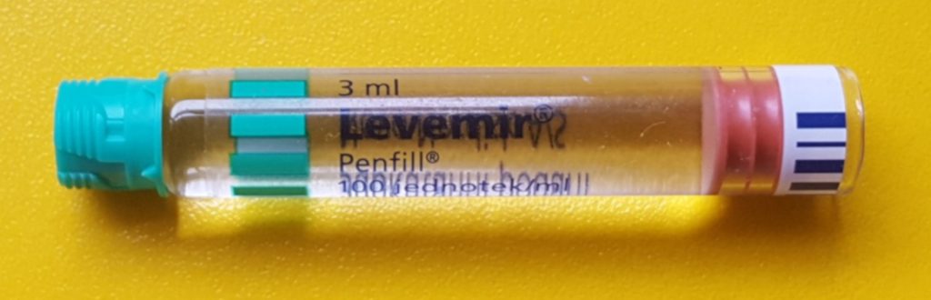 Photo showing vial used in Levemir insulin pen.