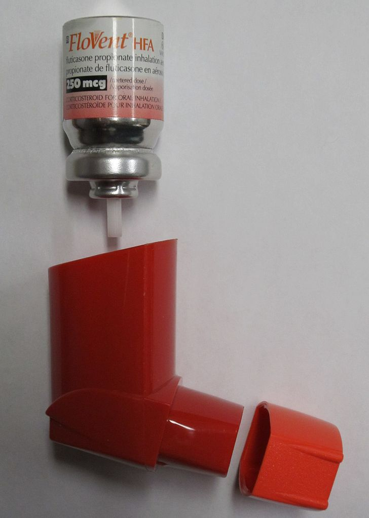 The container containing the Fluticasone plugs into the top of the inhaler.