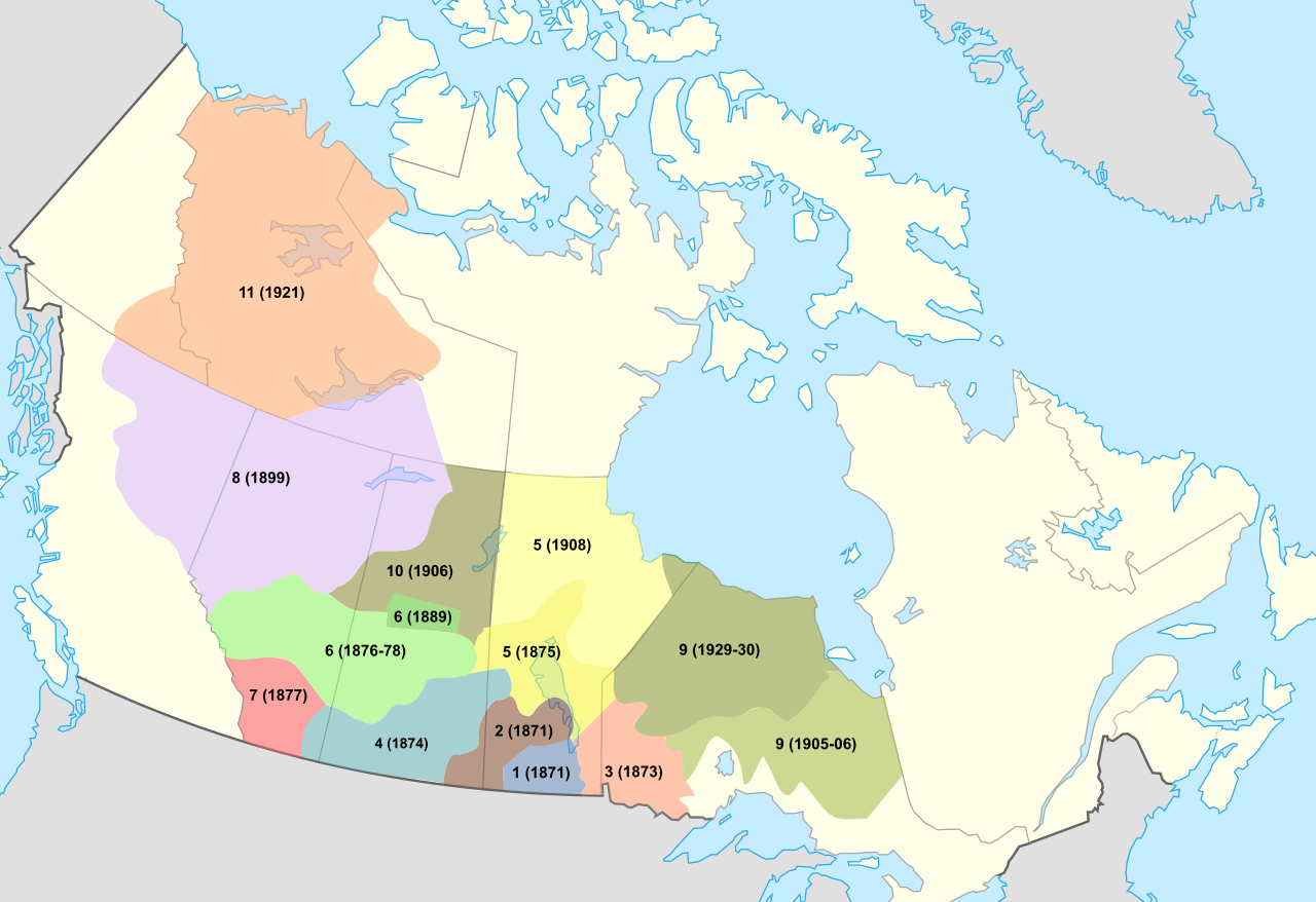 Map of the Numbered Treaties negotiated in the late 1800s to early 1900s. See the caption for a link to a long description.