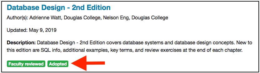 Books in the BCcampus collection that have been adopted are flagged as such.