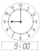the hour hand is pointing at 9 , the minute hand is pointing at 12
