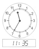 the hour hand is between 11 and 12, the minute hand is pointing at 7