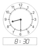 the hour hand is between 8 and 9, the minute hand is pointing at 6