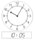 the hour hand is pointing at 10 , the minute hand is pointing at 1
