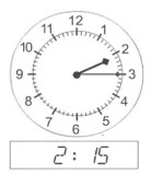 the hour hand is pointing at 2 , the minute hand is pointing at 3
