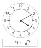 the hour hand is pointing at 4, the minute hand is pointing at 2