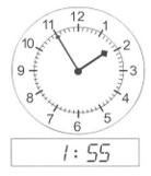 the hour hand is between 1 and 2, the minute hand is pointing at 11