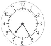 the hour hand is between 7 and 8, the minute hand is pointing at 5