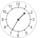 the hour hand is between 1 and 2, the minute hand is pointing at 7