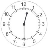 the hour hand is between 12 and 1, the minute hand is pointing at 6