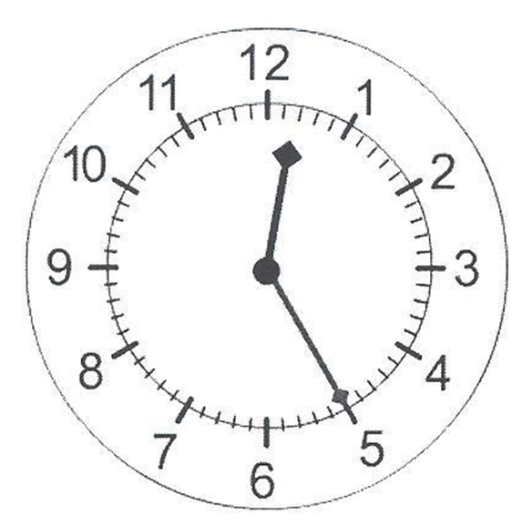 the hour hand is between 12 and 1, the minute hand is pointing at 5