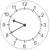 the hour hand is between 9 and 10, the minute hand is pointing at 8