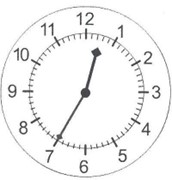 the hour hand is between 1 and 2, the minute hand is pointing at 7