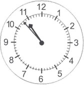 the hour hand is between 10 and 11, the minute hand is pointing at the second mark before 11