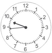 the hour hand is between 9 and 10, the minute hand is pointing at the first mark before 9