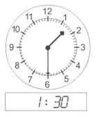the hour hand is between 1 and 2, the minute hand is pointing at 6