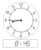 the hour hand is between 8 and 9, the minute hand is pointing at 9