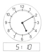 the hour hand is pointing at 5, the minute hand is pointing at 2