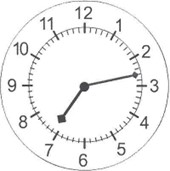 the hour hand is between 7 and 8, the minute hand is pointing at the third mark after 2