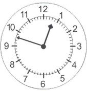 the hour hand is between 12 and 1, the minute hand is pointing at the second mark before 10