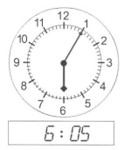the hour hand is pointing at 6, the minute hand is pointing at 1