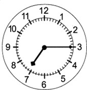 the hour hand is between 7 and 8, the minute hand is pointing at 3